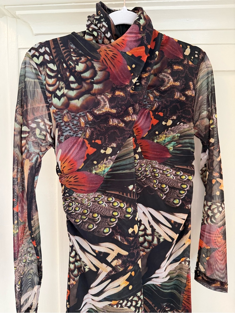 AllSaints Floral & Feather Print Sheer Mock-Neck Top - Black Multi